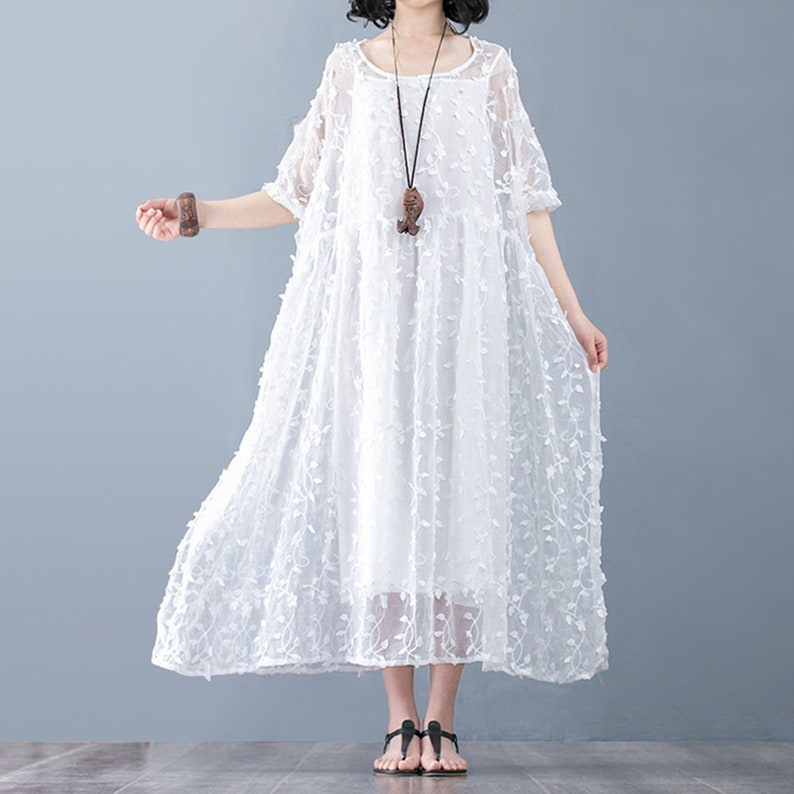 White silk cotton dressshort sleeve long dress with | Etsy