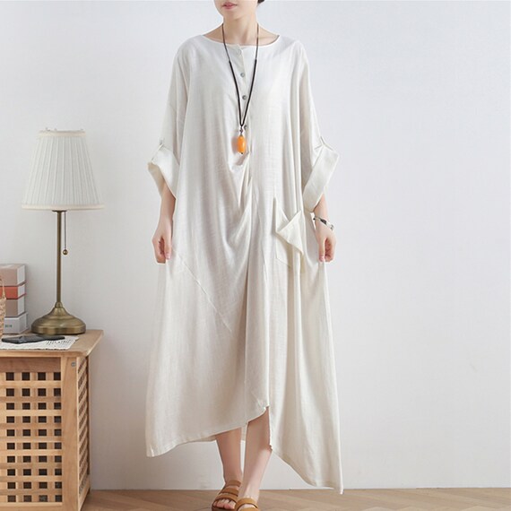 White Tunic Dress,Pocket Dress,Linen Cotton Dress,Linen Maxi Dress,Loose Cotton Dress,Summer Dress,Oversize Dress