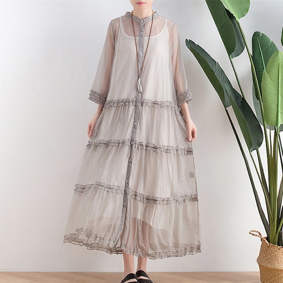 Half Sleeve Gray Chiffon Dress,Long Sheer Dress,Summer Chiffon Dress,Summer Dress,Party Dress,Plus Size Dress