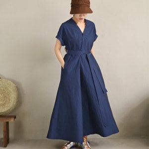 V-neck tunic dress,Loose linen dress with belt,Maxi dress,Casual dress,Day dress,Handmade Dress