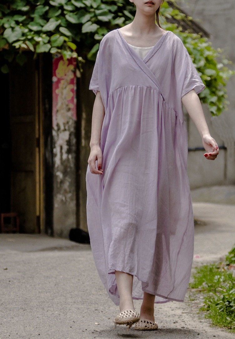 Women V round tunic dress summer linen dress long pleated Etsy