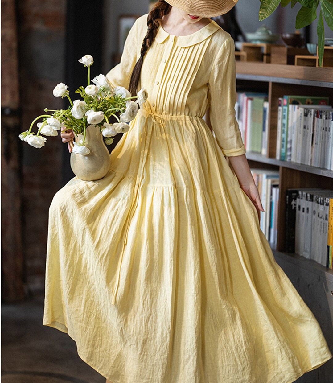 Yellow Linen Dress,3/4 Sleeve Linen Dress with Pockets,Summer Long Dress,Smock Linen dress,Vintage Linen Dress,Gift for Her Yellow Linen Dress,3/4 Sleeve Linen Dress with Pockets,Summer Long Dress,Smock Linen dress,Vintage Linen Dress,Gift for Her