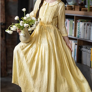 Yellow Linen Dress,3/4 Sleeve Linen Dress with Pockets,Summer Long Dress,Smock linen dress,Vintage Linen Dress,Gift for Her