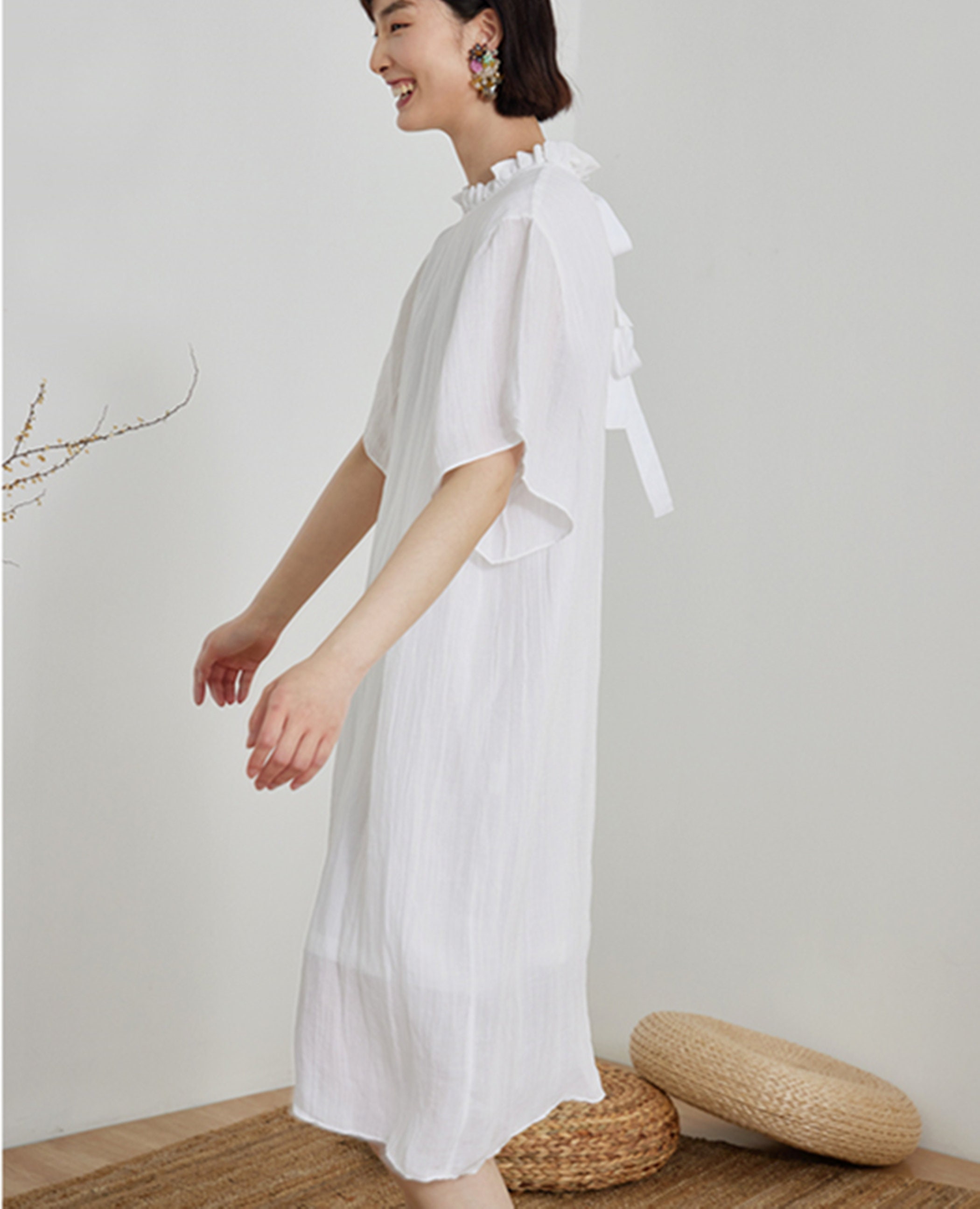 White tunic dress,Ruffle Collar Summer Dress,Ramie Linen dress,Loose Causel Dress,Boho Dress,Women Dress