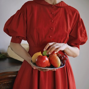 Red Linen Dress,Smock linen dress,Puff Sleeve Midi Dress,Pincess Dress,Women Summer Dress