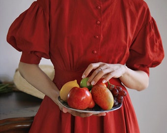 Red Linen Dress,Smock linen dress,Puff Sleeve Midi Dress,Pincess Dress,Women Summer Dress