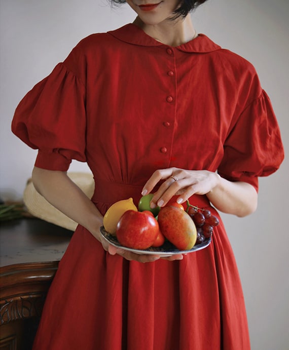 Red Linen Dress,Smock Linen dress,Puff Sleeve Midi Dress,Pincess Dress,Women Summer Dress