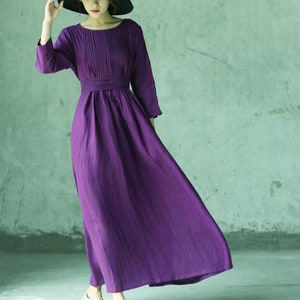 3/4 sleeve Purple belt dress,loose linen dress,linen tunic dress,long dress,linen maxi dress,prom dress,plus size clothing,handmade dress