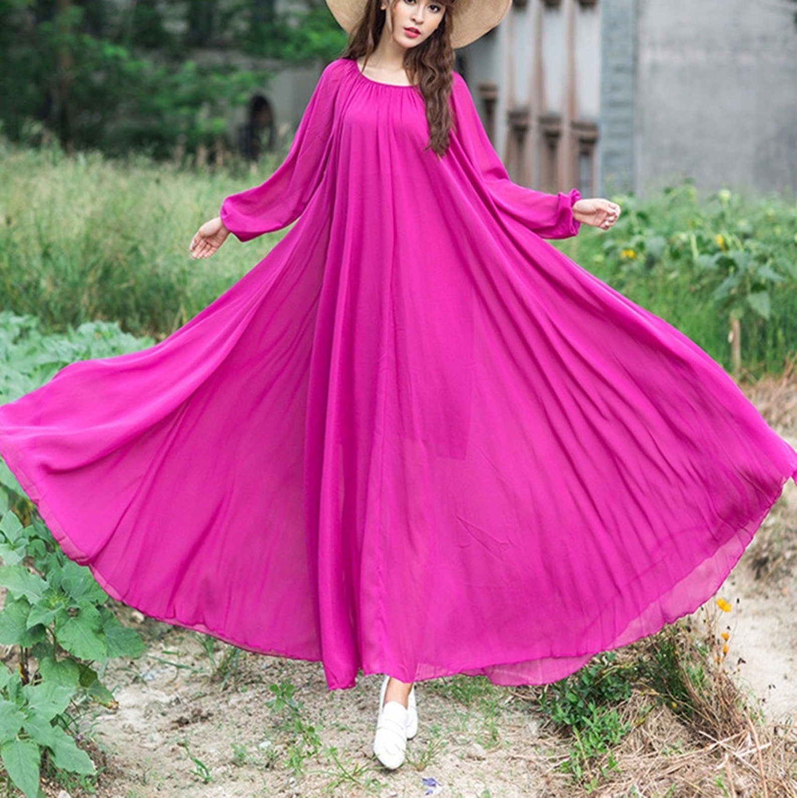 Women Chiffon Dress Long Sleeve Dress Spring Dress Flowy Maxi - Etsy