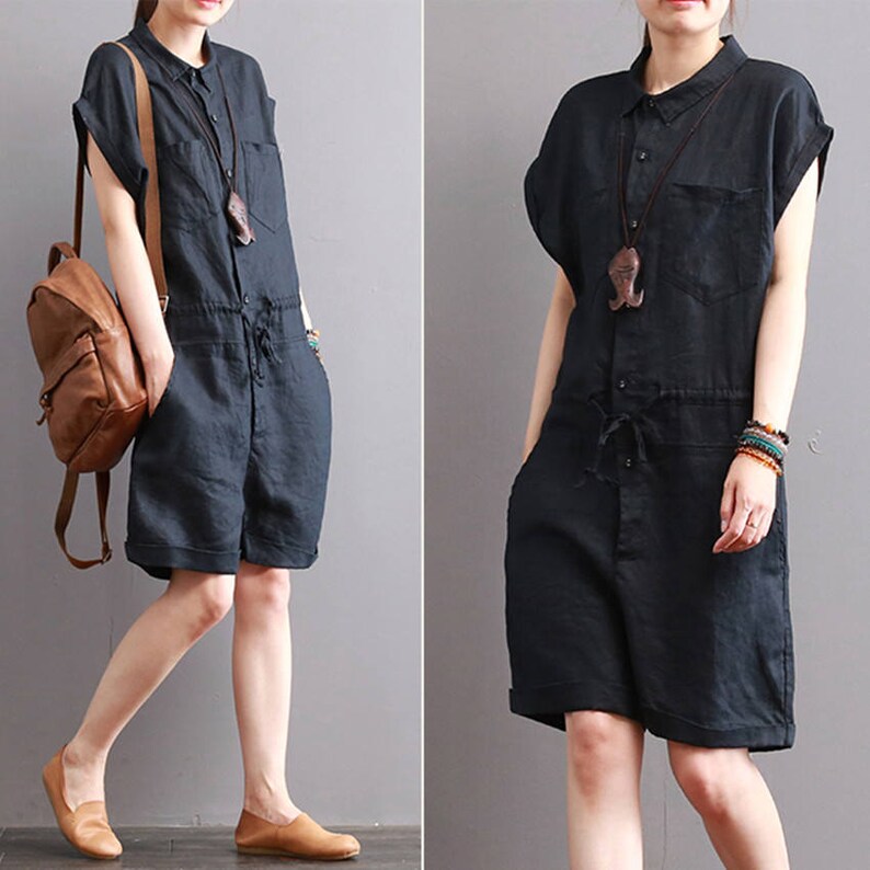 Black linen jumpsuit linen overall women wide legged  linen romper with pockets plus size linen clothing handmade