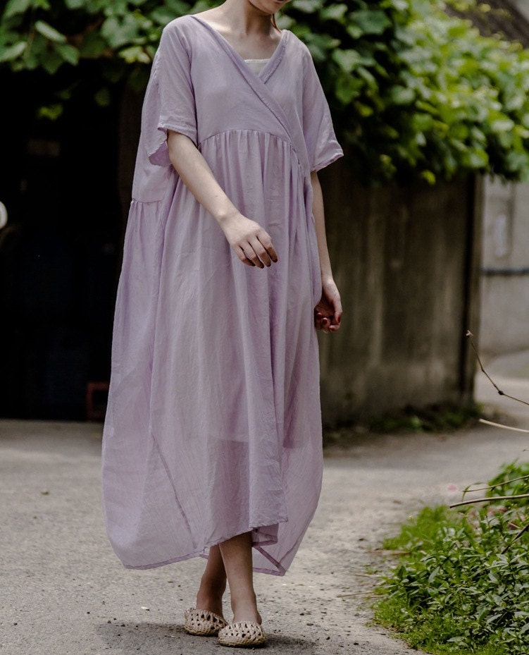 Women V round tunic dress summer linen dress long pleated Etsy