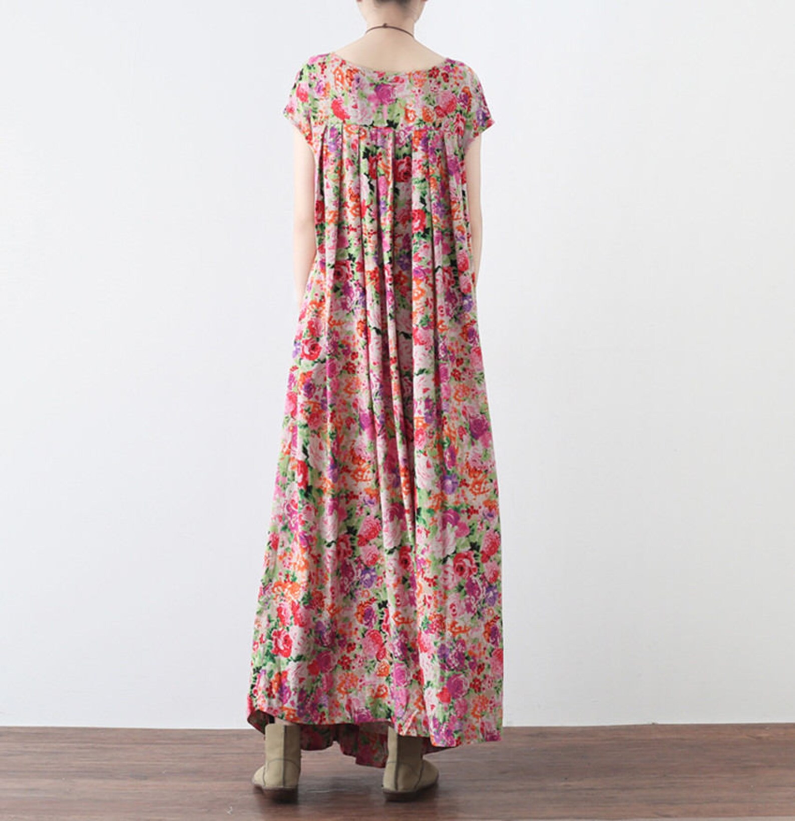Flower Print Linen Dress Summer Long Pleated Dress Cotton Etsy