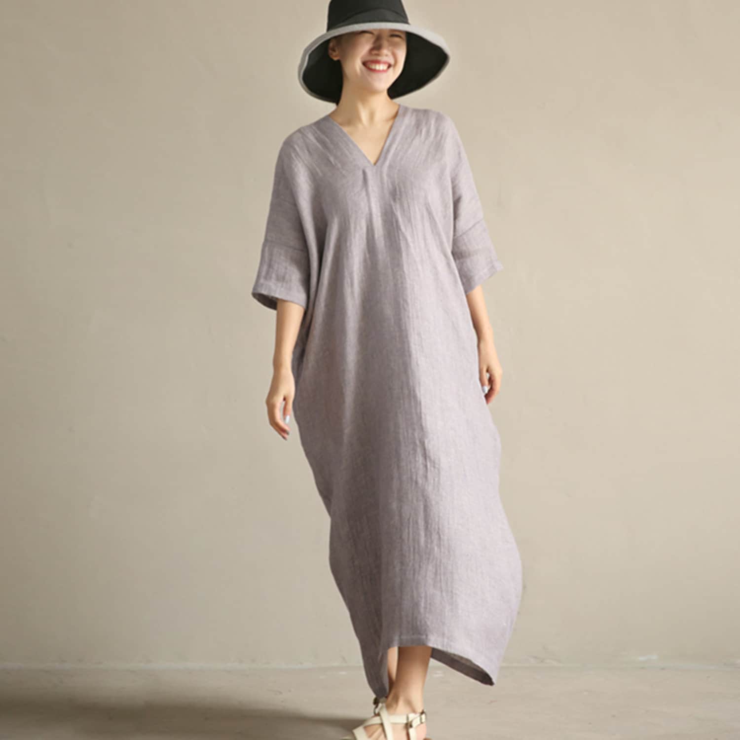 chinese dress ladies Linen tunic dress LASTRES in Natural melange