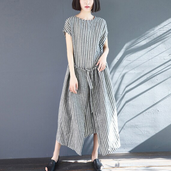 women's a line cotton dress Striped Linen Dress,Short Sleeve Cotton Dress,Summer Dress,Loose Casual Dress,Handmade Size:28W breathable and sweat ball gown prom dress A-line V Neck Chiffon