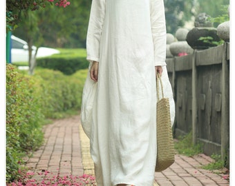 Biała tunika sukienka długi kaftan lniana sukienka lniana maxi sukienka luźna bawełniana sukienka z długim rękawem damska sukienka plus size odzież na zamówienie