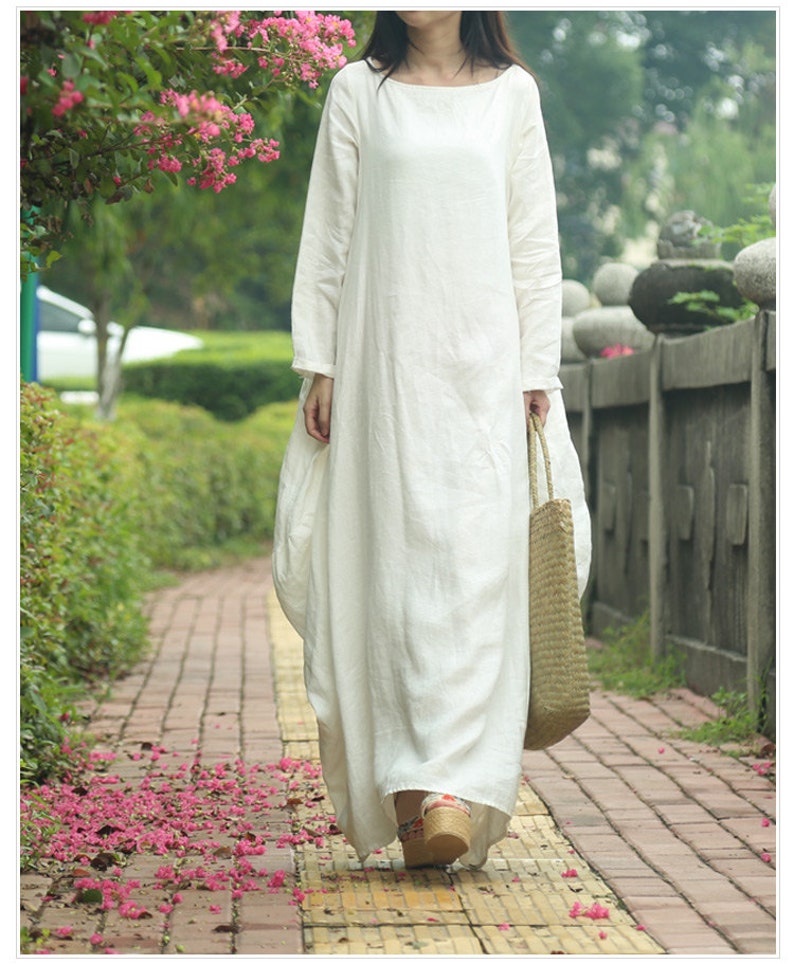 White Tunic Dress Long Kaftan Linen Dress Linen Maxi Dress Etsy