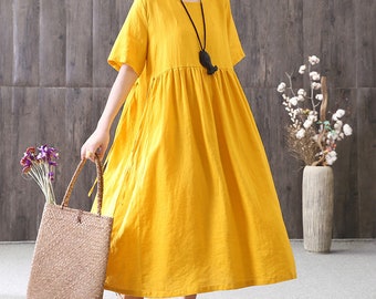 Yellow summer dress,loose cotton dress,organic linen dress ,linen pleated dress,women sundress casual dress,plus size clothing