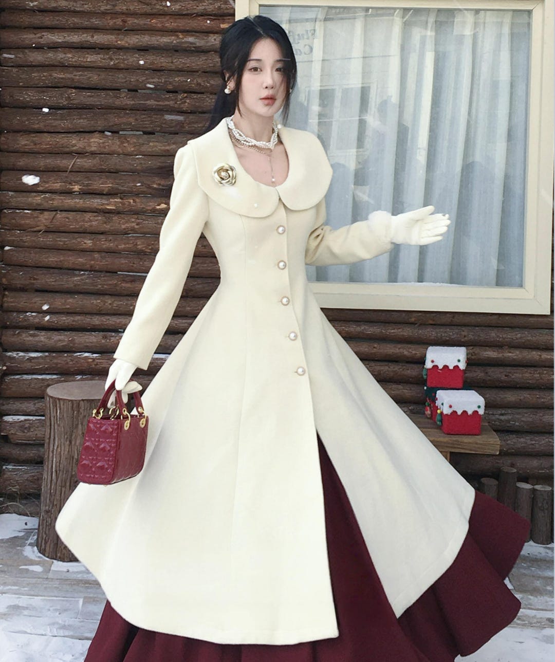 Ivory Big Collar Wool Fitted Coat,warm Women Winter Swing Outwear