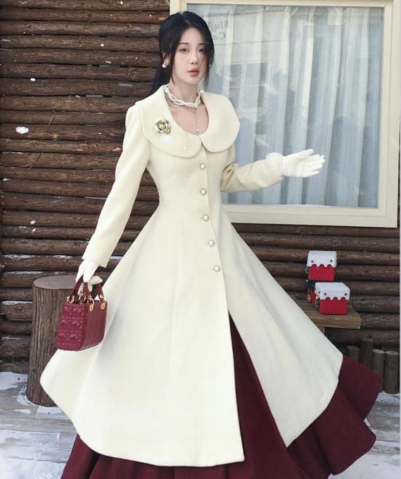 knee length dress coat womens Ivory Big Collar Wool Fitted Coat,Warm Women Winter Swing Outwear,Custom badge_Final Sale