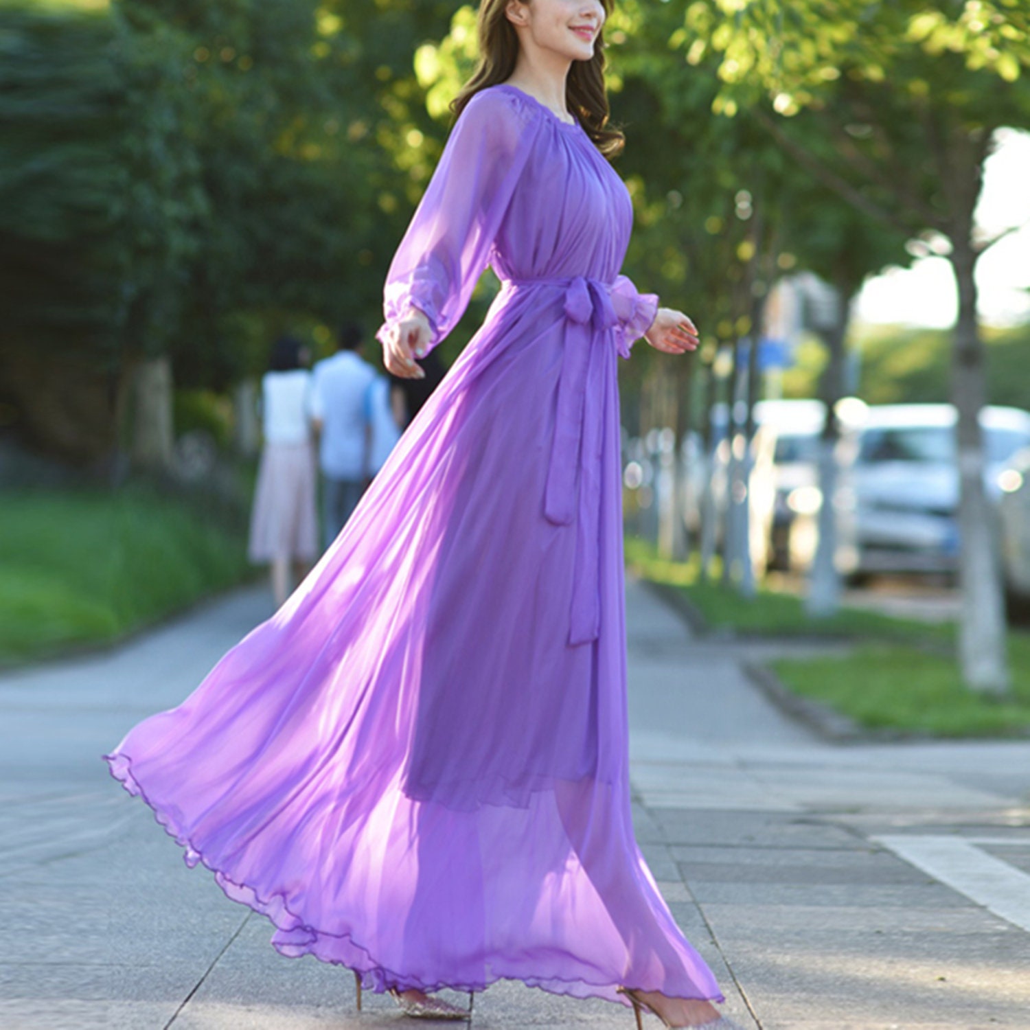 strapless open back dress Lilac & Purple Combo Heavy Handwork Partywear Flared Ruffles Full Gown –  Stanwells Kids main image 1