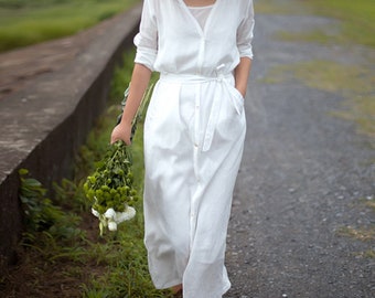 Loose dress,V-neck Linen Dress with Belt,Summer dress,Long Linen Dress,day dress,plus size clothing,handmade dress