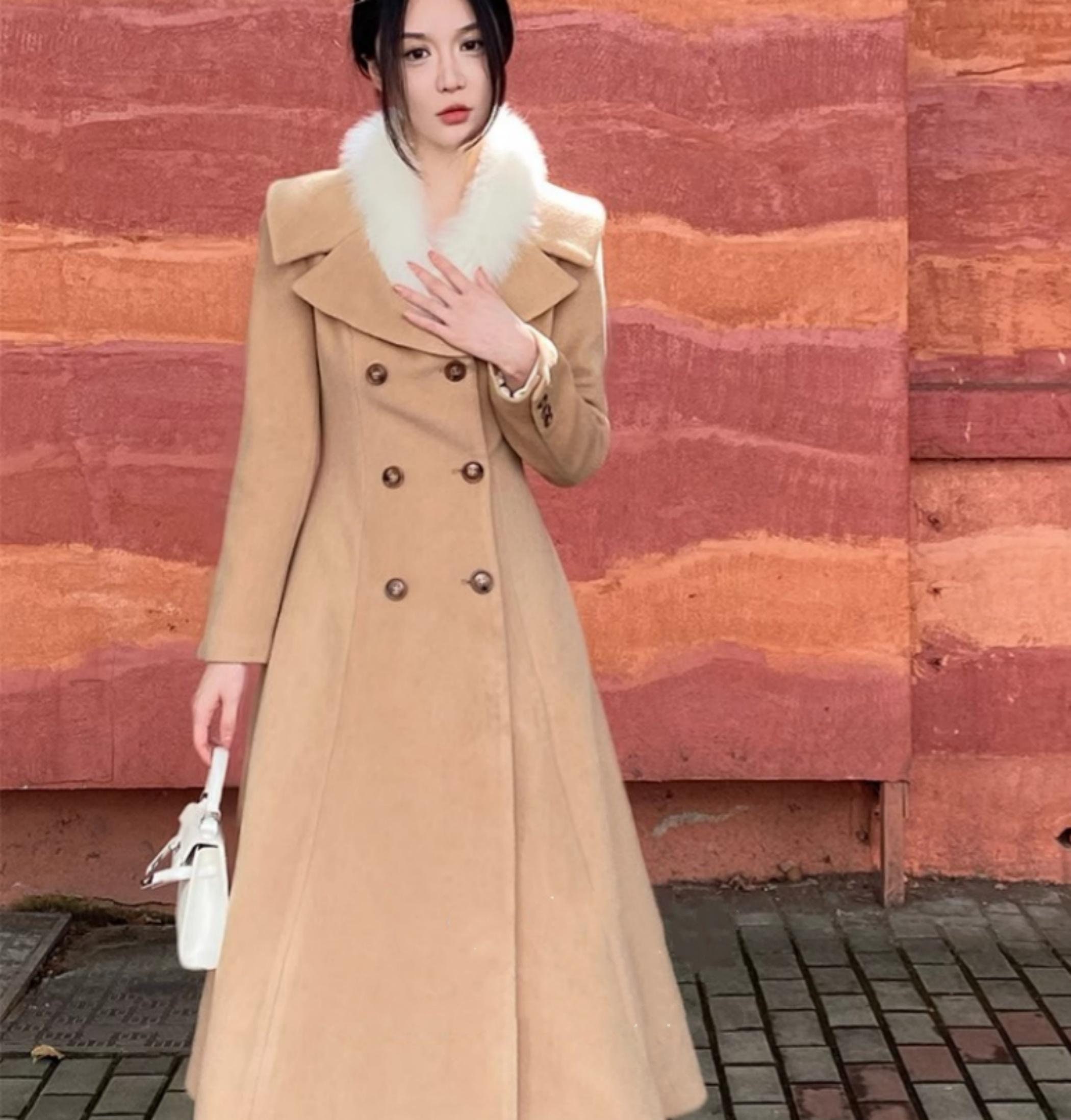 Camel Wool Fitted Coat,wide Collar Winter Wool Swing Coat,buttons