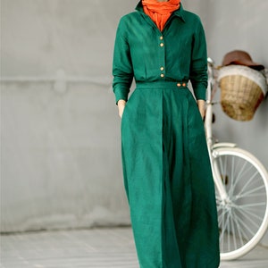 Green Linen Dress,Long sleeve tunic dress,dress with pockets,Linen Shift Dress,Long Linen Dress,Loungewear,Women Dress