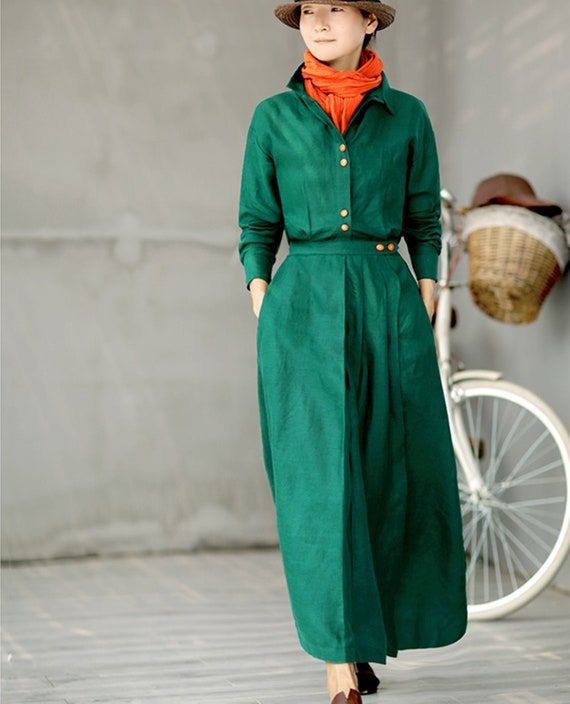 green linen shift dress
