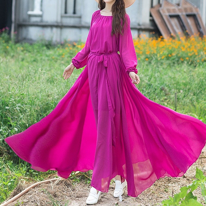 Women Chiffon Dress Long Sleeve Dress Spring Dress Flowy Maxi - Etsy