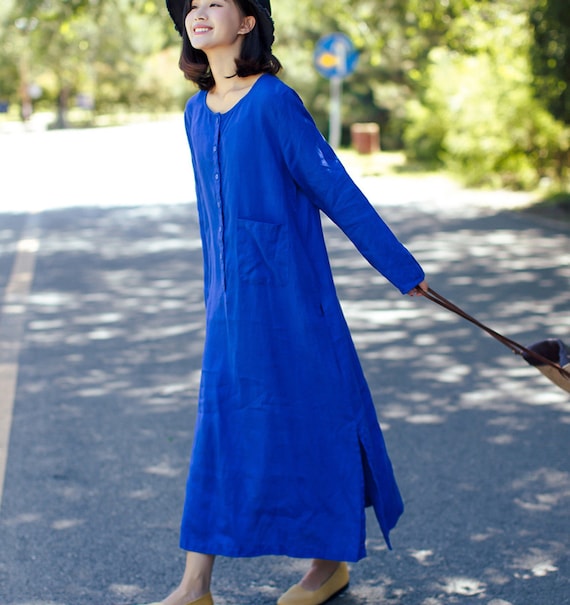 Blue linen dress,long sleeve tunic dress,shift dress,day dress,spring summer maxi dress long dress,plus size clothing,handmade dress,custom