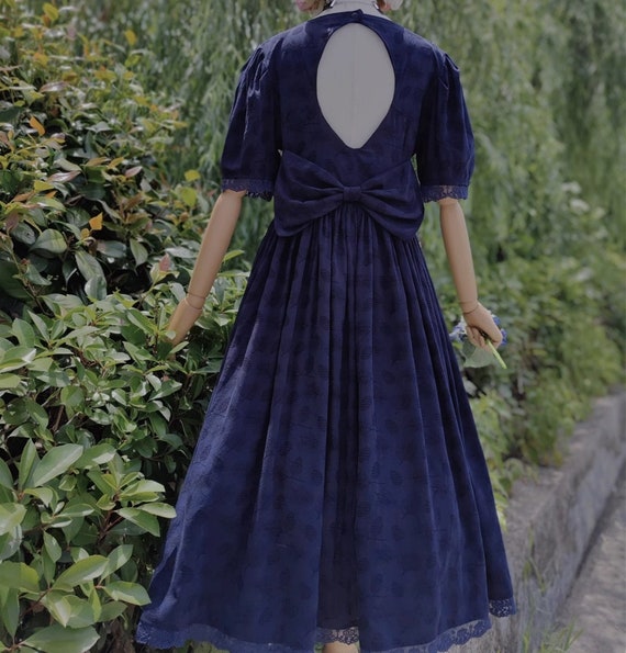 princess polly baby blue dress Navy Cotton Backless Dress, Vintage Handmade Ruffle Lace Bow