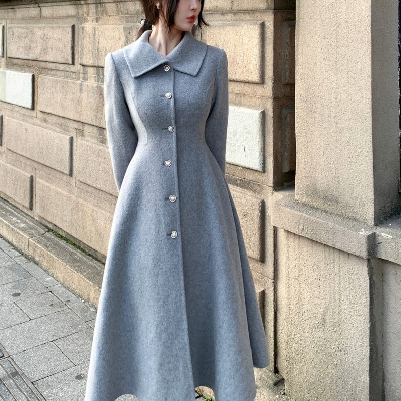 Gray Wool Princess Coat,Fall Winter Wool Swing Coat,Pearl Buttons Elegant Coat,Vintage Long Wool Coat,Handmade Coat image 5