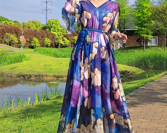 Yellow Floral Chiffon Maxi Dress: Lightweight Wedding Party Gown - Etsy