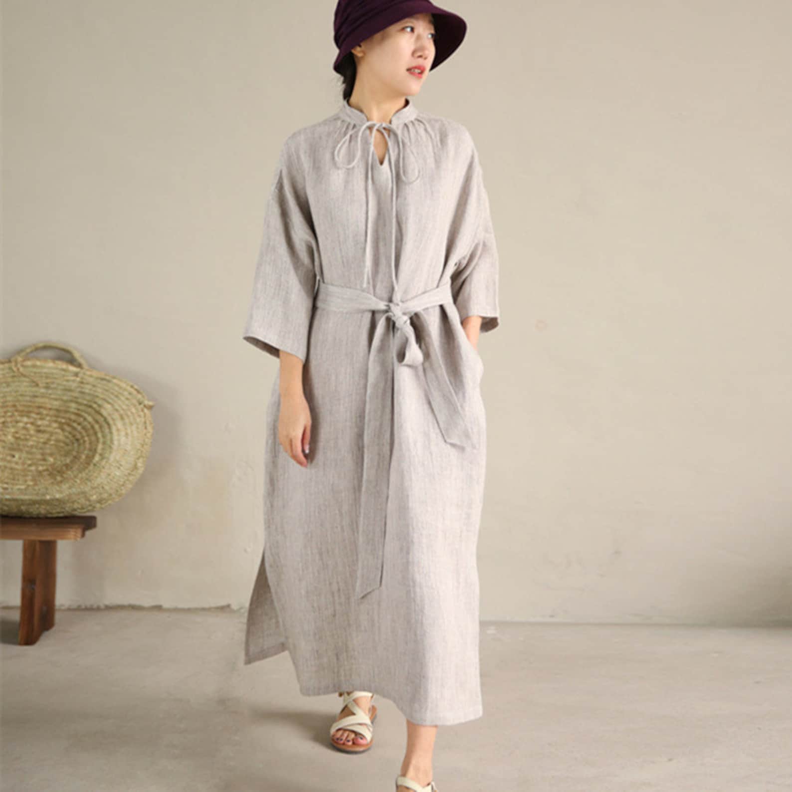 Women's Solid Linen Mini – Half Zip Collar 3/4 Sleeve Relaxed A-Line Casual Day Dress