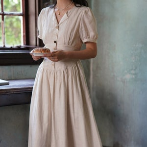 Short Sleeve Linen Cotton Dress,Midi Vintage Dress,Cottagecore Dress,Linen Ruffle Dress,Women Summer Dress image 3