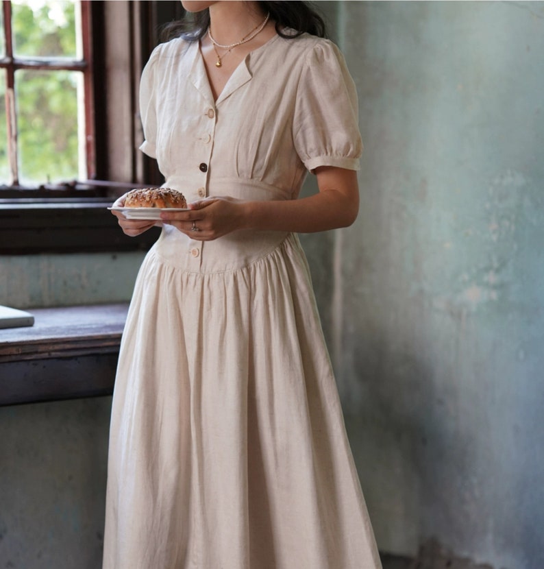 Short Sleeve Linen Cotton Dress,Midi Vintage Dress,Cottagecore Dress,Linen Ruffle Dress,Women Summer Dress image 3