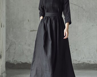 Black dress,loose linen dress,linen tunic dress,long dress,linen maxi dress,prom dress,plus size clothing,handmade dress