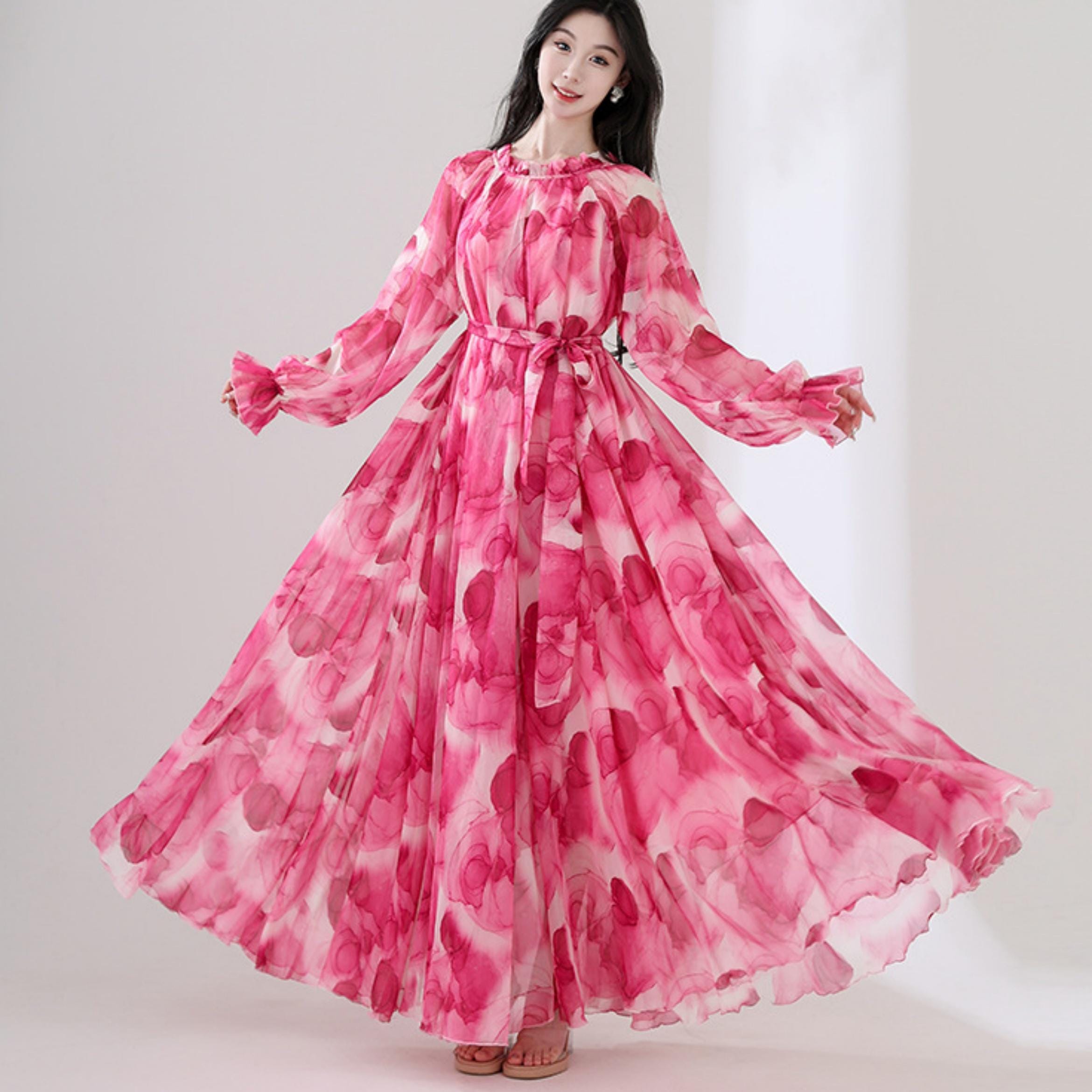 Rose Chiffon Dress,Long Sleeve Dress,Light Weight Long Flowy Dress,Evening dress,Prom Dress,Summer Dress,Maxi Skirt