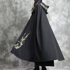 Black wool cape with embroidery,maxi hood cloak,autumn wool cape,long cloak,plus size coat,women coat