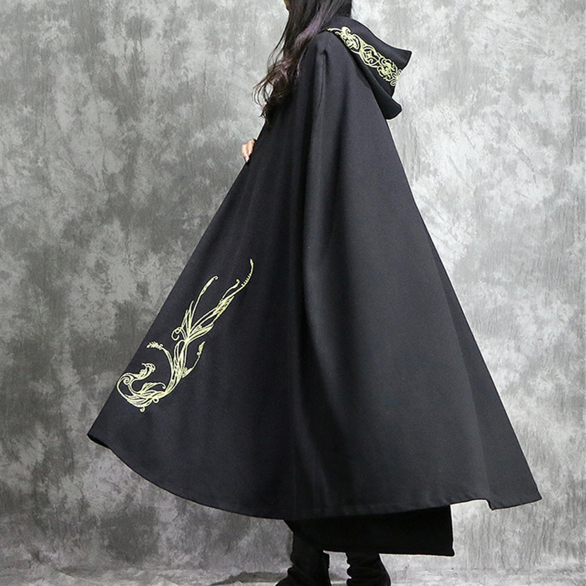 Black Wool Cape With Embroidery,maxi Hood Cloak,autumn Wool