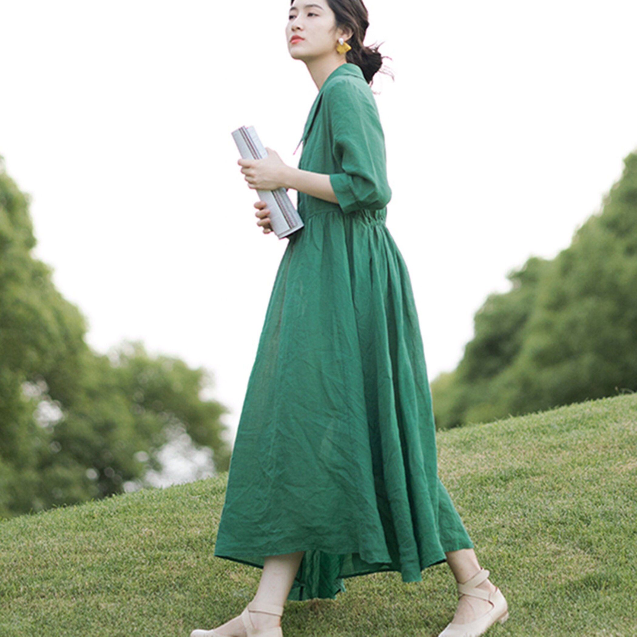 Green Dress,Half Sleeve Ramie Dress,Linen Smock Dress,Loose Linen Dress,Midi Dress,Handmade Dress