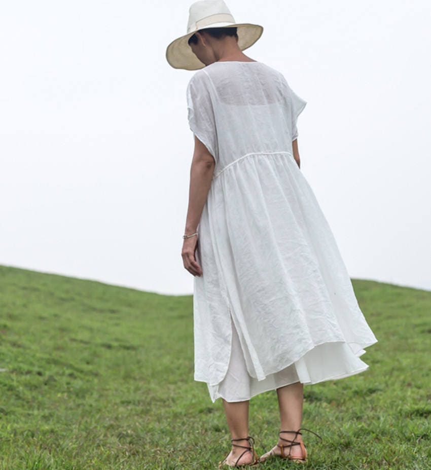 White tunic dress summer dress linen dress large size maxi | Etsy