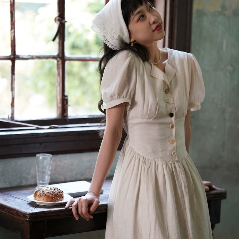 Short Sleeve Linen Cotton Dress,Midi Vintage Dress,Cottagecore Dress,Linen Ruffle Dress,Women Summer Dress image 6
