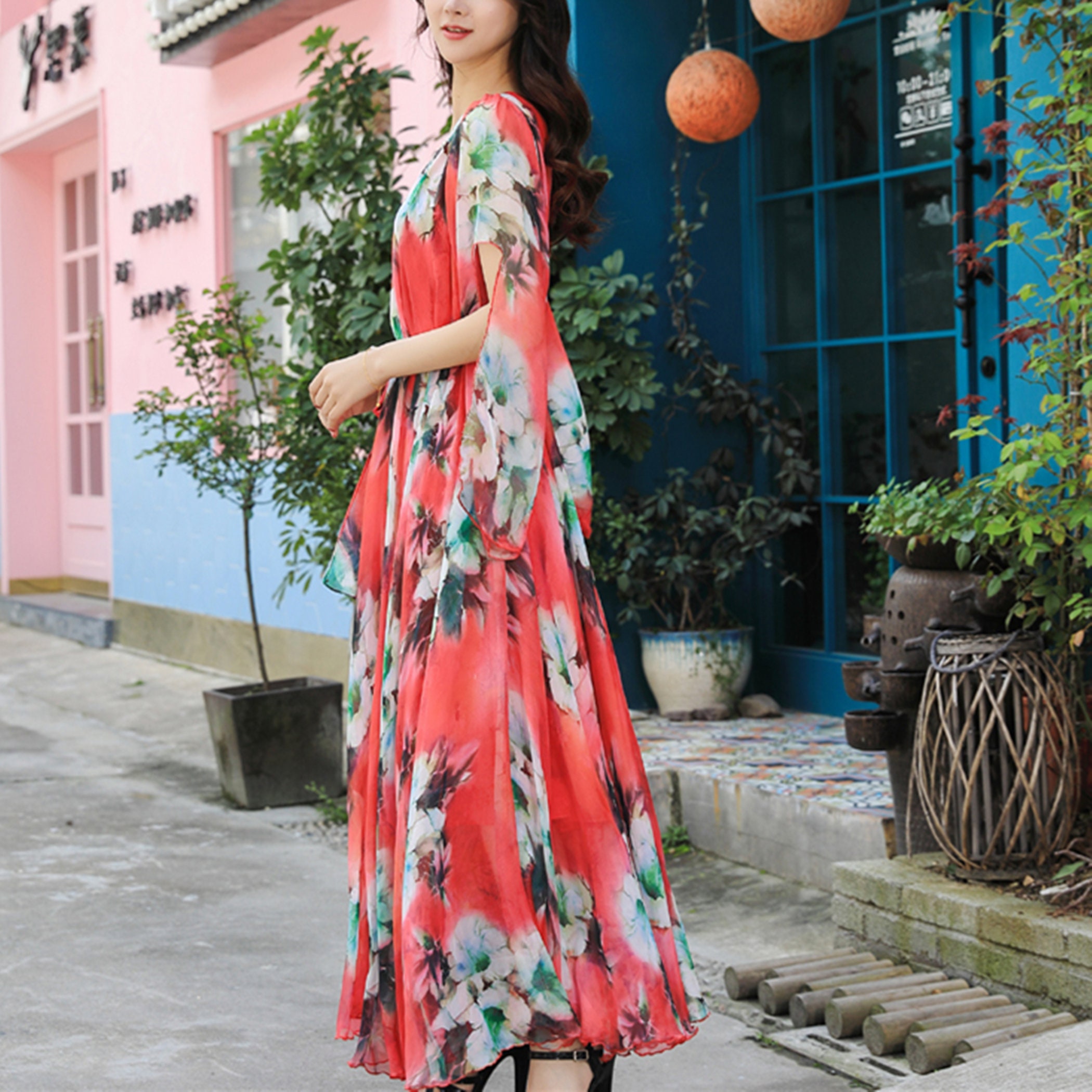 Summer Floral Chiffon Dress,Long dress,Flowy maxi dress,Evening Dress,Party Dress,Summer dress Summer Floral Chiffon Dress,Long dress,Flowy maxi dress,Evening Dress,Party Dress,Summer dress