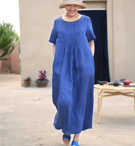 Blue Linen Dressshort Sleeve Tunic Dressloose Caftansummer - Etsy