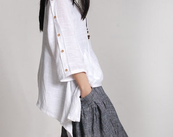 White Linen Tunic Top: Asymmetrical Maxi Blouse, Loose Cotton