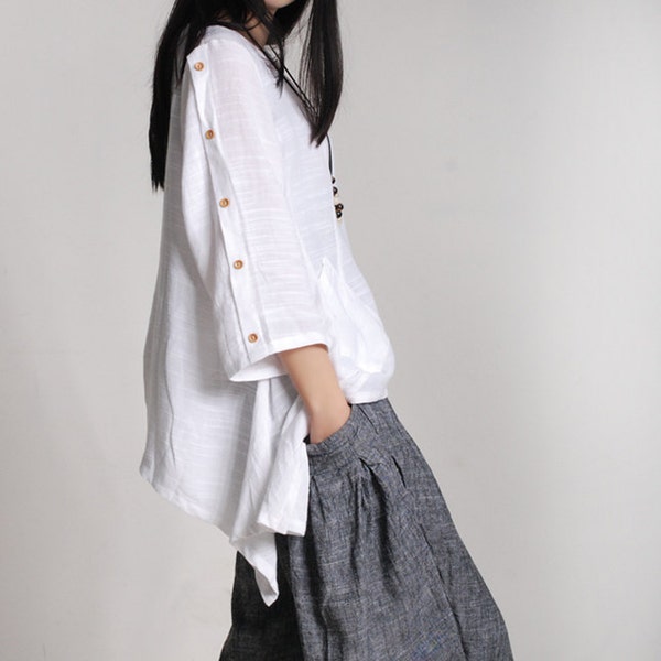 White linen tunic loose cotton top spring linen top asymmetrical shirt maxi blouse plus size clothing linen clothing