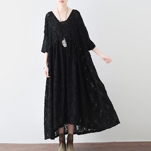 Black silk chiffon dress,bat-wing sleeve long dress,flower embroidery maxi dress,party dress,wedding dress
