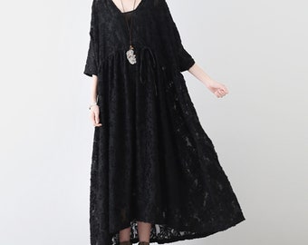 Black silk chiffon dress,bat-wing sleeve long dress,flower embroidery maxi dress,party dress,wedding dress