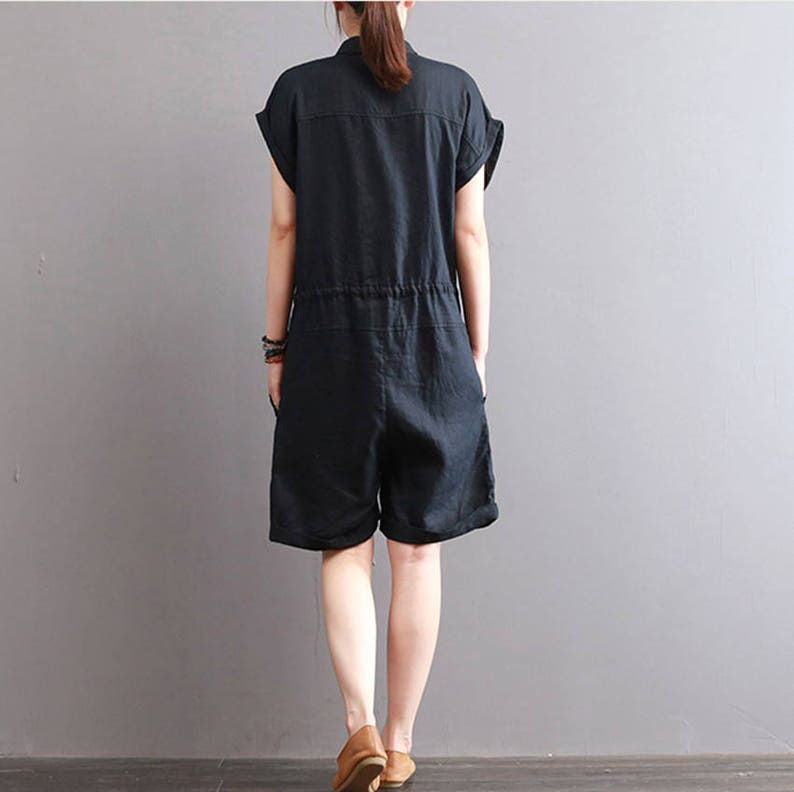 Black linen jumpsuit linen overall women wide legged linen romper with pockets plus size linen clothing handmade
